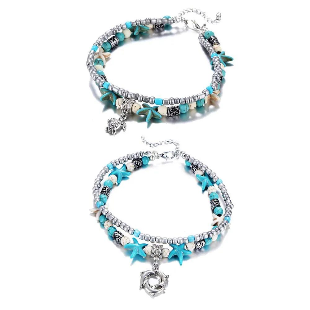 Softones Blue Starfish Turtle Anklet Multilayer Charm Beads Sea Handmade Boho Anklet Foot Jewelry for Women