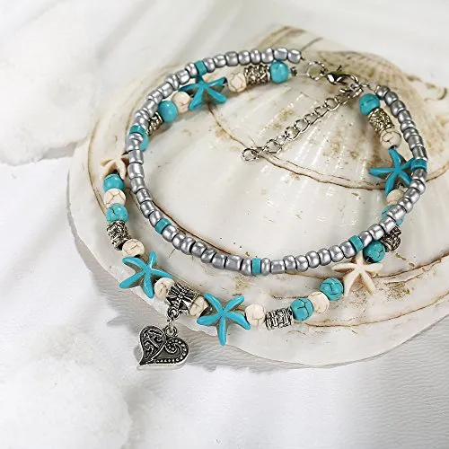 Softones Blue Starfish Turtle Anklet Multilayer Charm Beads Sea Handmade Boho Anklet Foot Jewelry for Women
