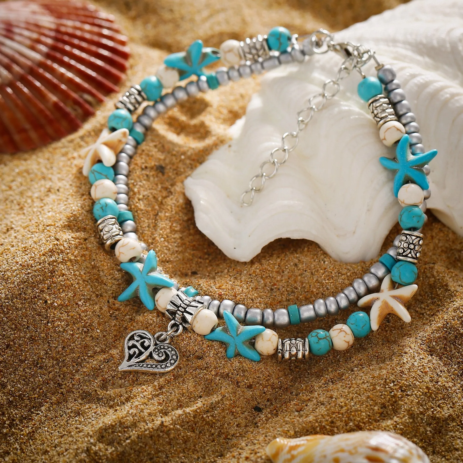 Softones Blue Starfish Turtle Anklet Multilayer Charm Beads Sea Handmade Boho Anklet Foot Jewelry for Women