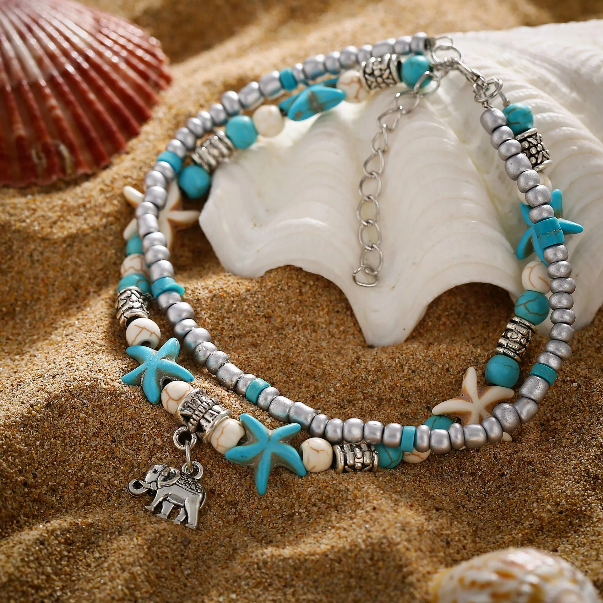Softones Blue Starfish Turtle Anklet Multilayer Charm Beads Sea Handmade Boho Anklet Foot Jewelry for Women