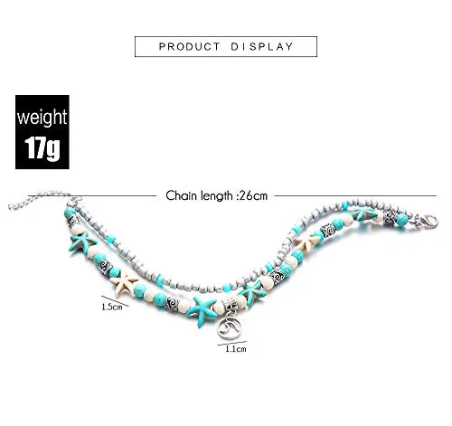 Softones Blue Starfish Turtle Anklet Multilayer Charm Beads Sea Handmade Boho Anklet Foot Jewelry for Women