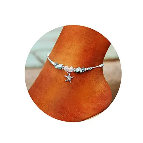 Softones Blue Starfish Turtle Anklet Multilayer Charm Beads Sea Handmade Boho Anklet Foot Jewelry for Women