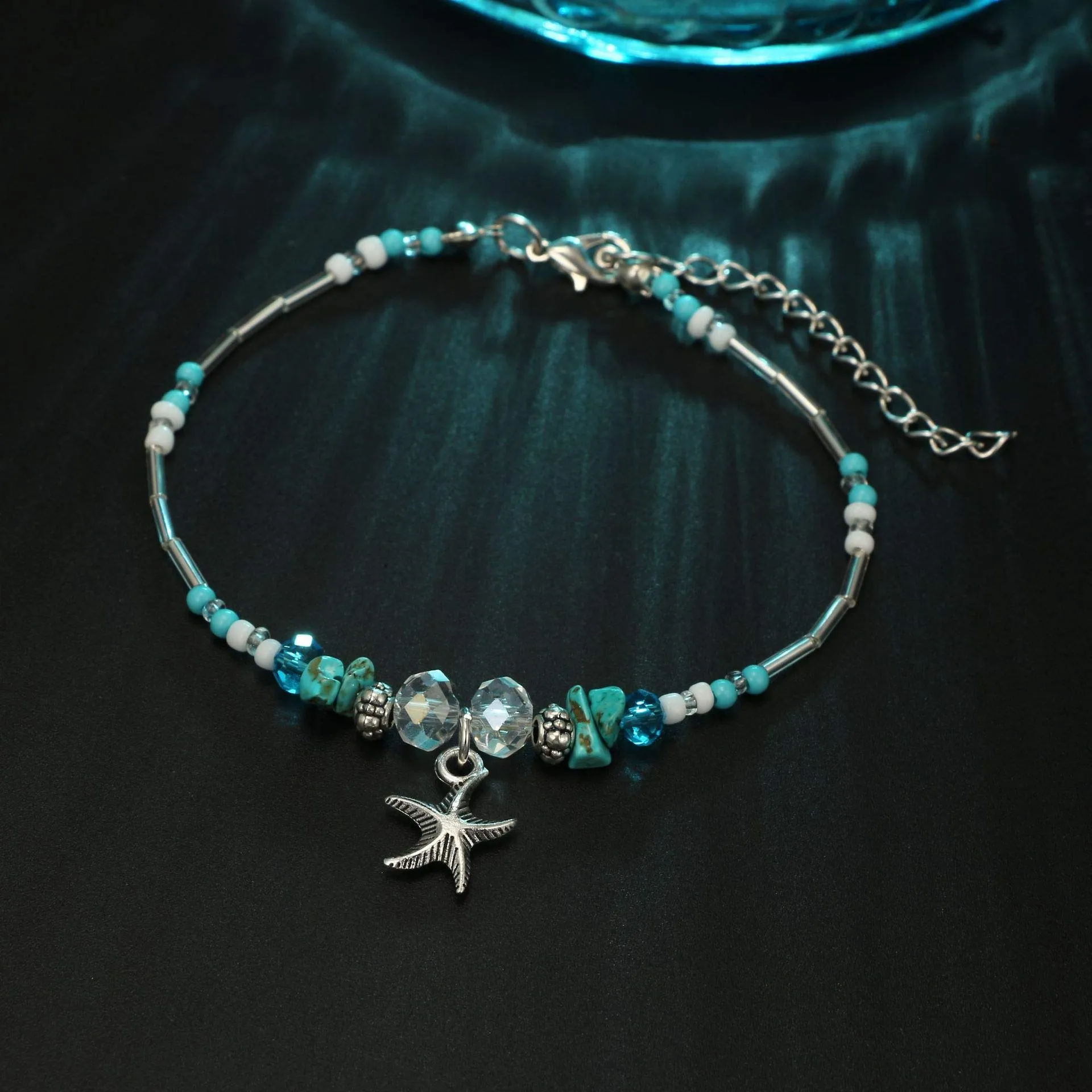 Softones Blue Starfish Turtle Anklet Multilayer Charm Beads Sea Handmade Boho Anklet Foot Jewelry for Women