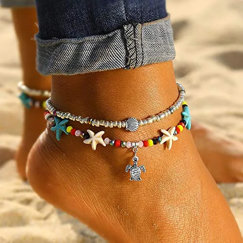 Softones Blue Starfish Turtle Anklet Multilayer Charm Beads Sea Handmade Boho Anklet Foot Jewelry for Women