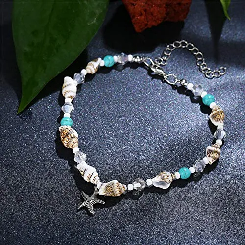 Softones Blue Starfish Turtle Anklet Multilayer Charm Beads Sea Handmade Boho Anklet Foot Jewelry for Women