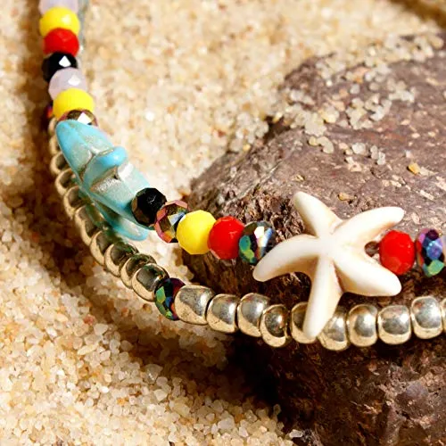 Softones Blue Starfish Turtle Anklet Multilayer Charm Beads Sea Handmade Boho Anklet Foot Jewelry for Women