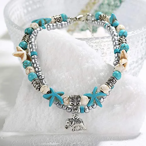 Softones Blue Starfish Turtle Anklet Multilayer Charm Beads Sea Handmade Boho Anklet Foot Jewelry for Women