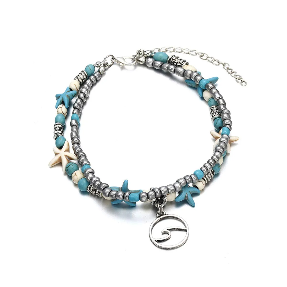 Softones Blue Starfish Turtle Anklet Multilayer Charm Beads Sea Handmade Boho Anklet Foot Jewelry for Women