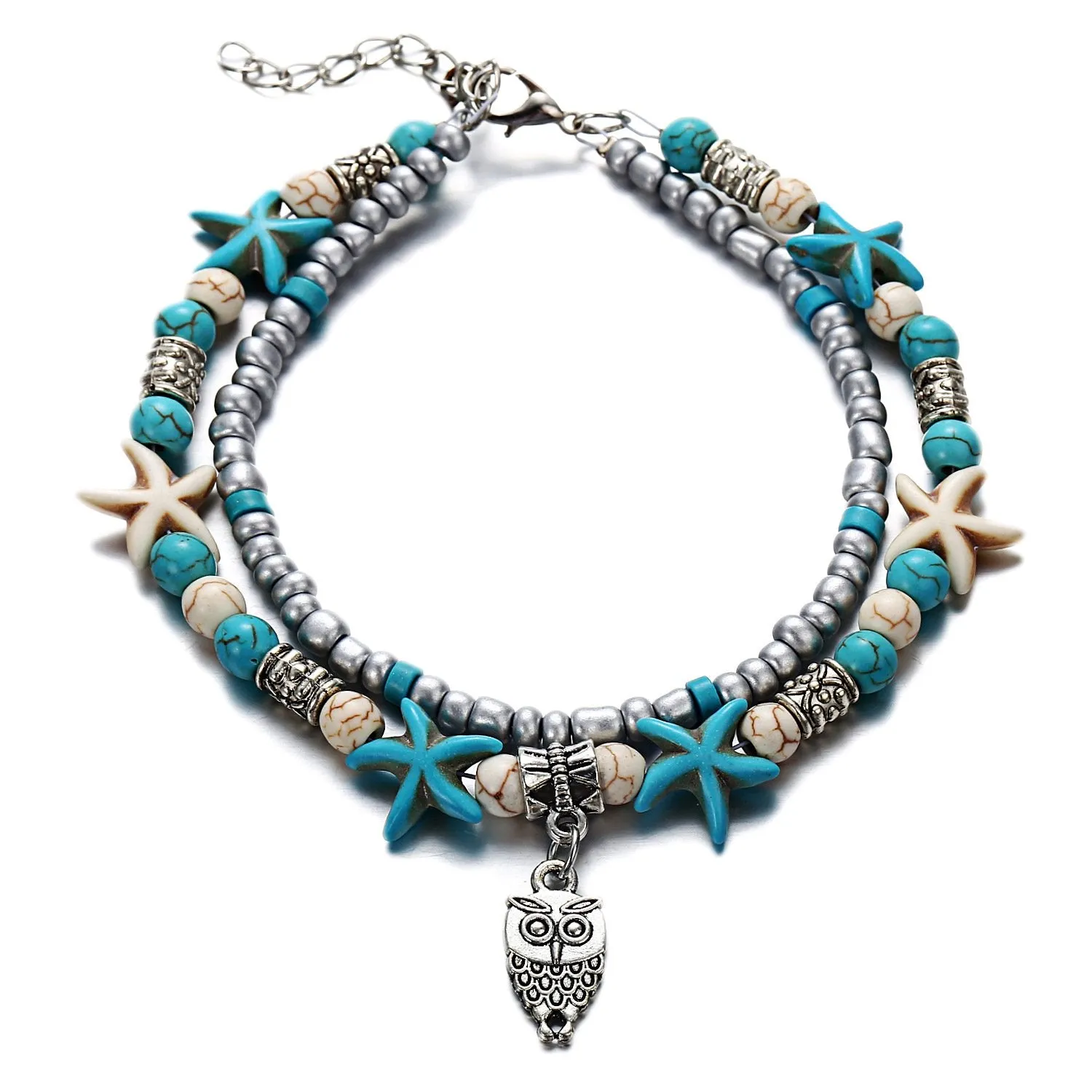 Softones Blue Starfish Turtle Anklet Multilayer Charm Beads Sea Handmade Boho Anklet Foot Jewelry for Women