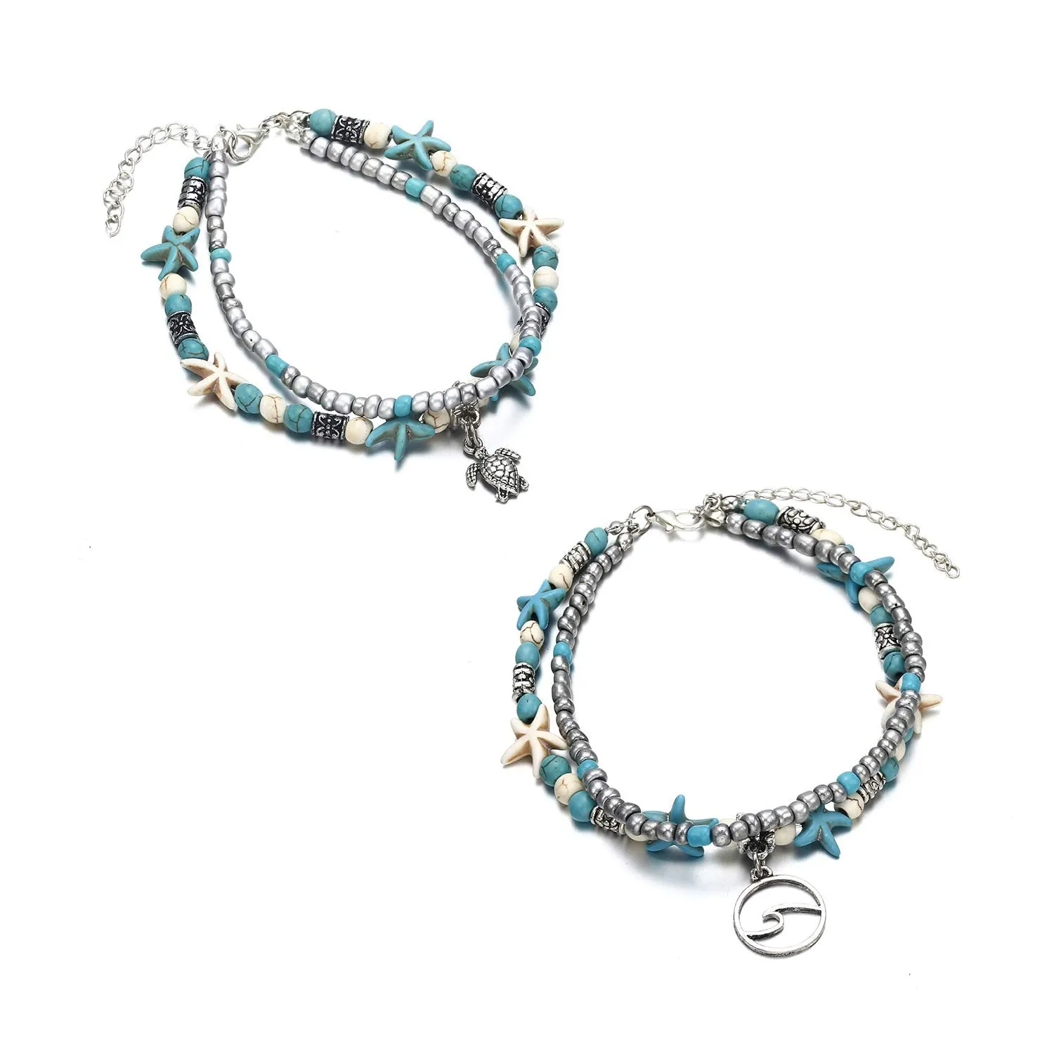 Softones Blue Starfish Turtle Anklet Multilayer Charm Beads Sea Handmade Boho Anklet Foot Jewelry for Women