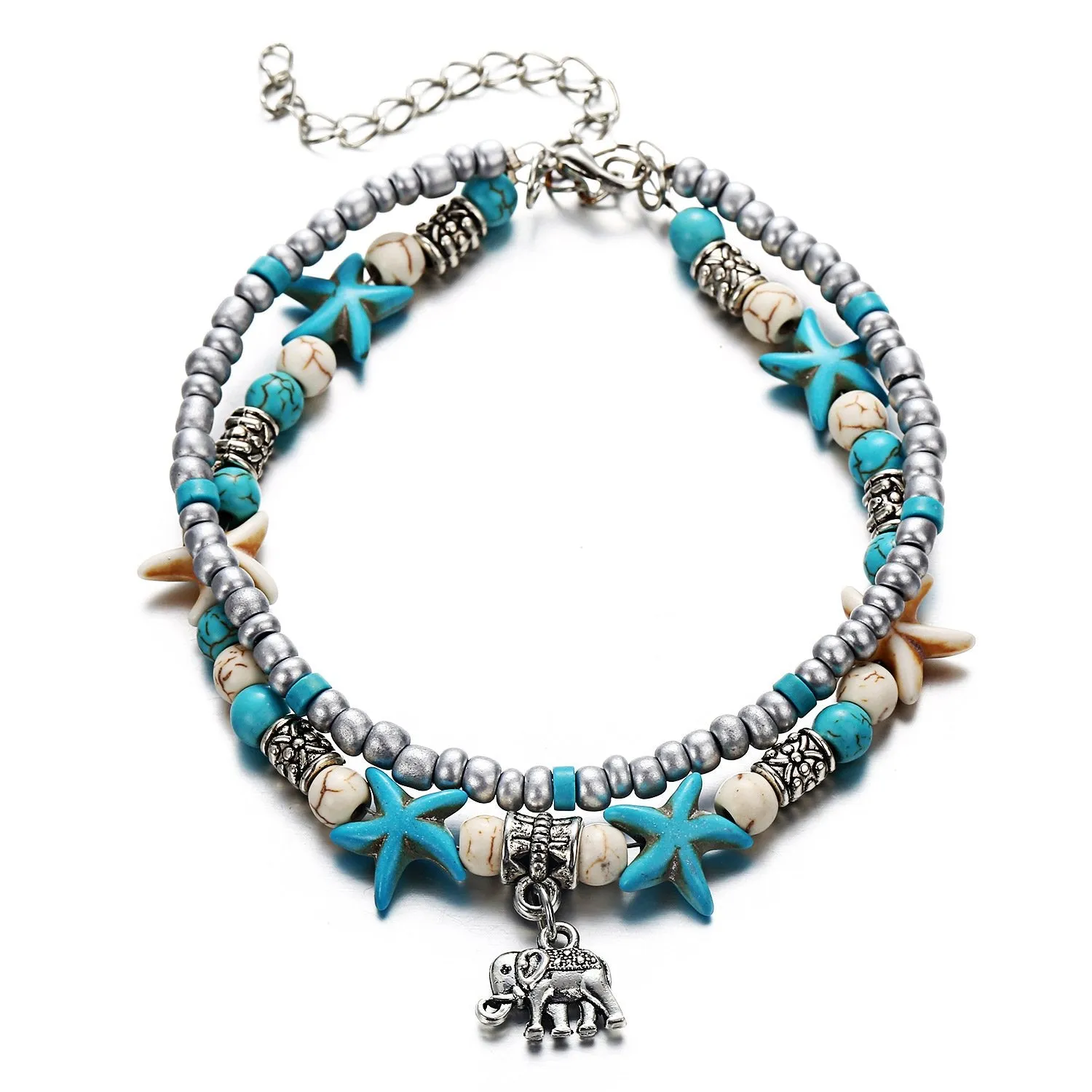 Softones Blue Starfish Turtle Anklet Multilayer Charm Beads Sea Handmade Boho Anklet Foot Jewelry for Women
