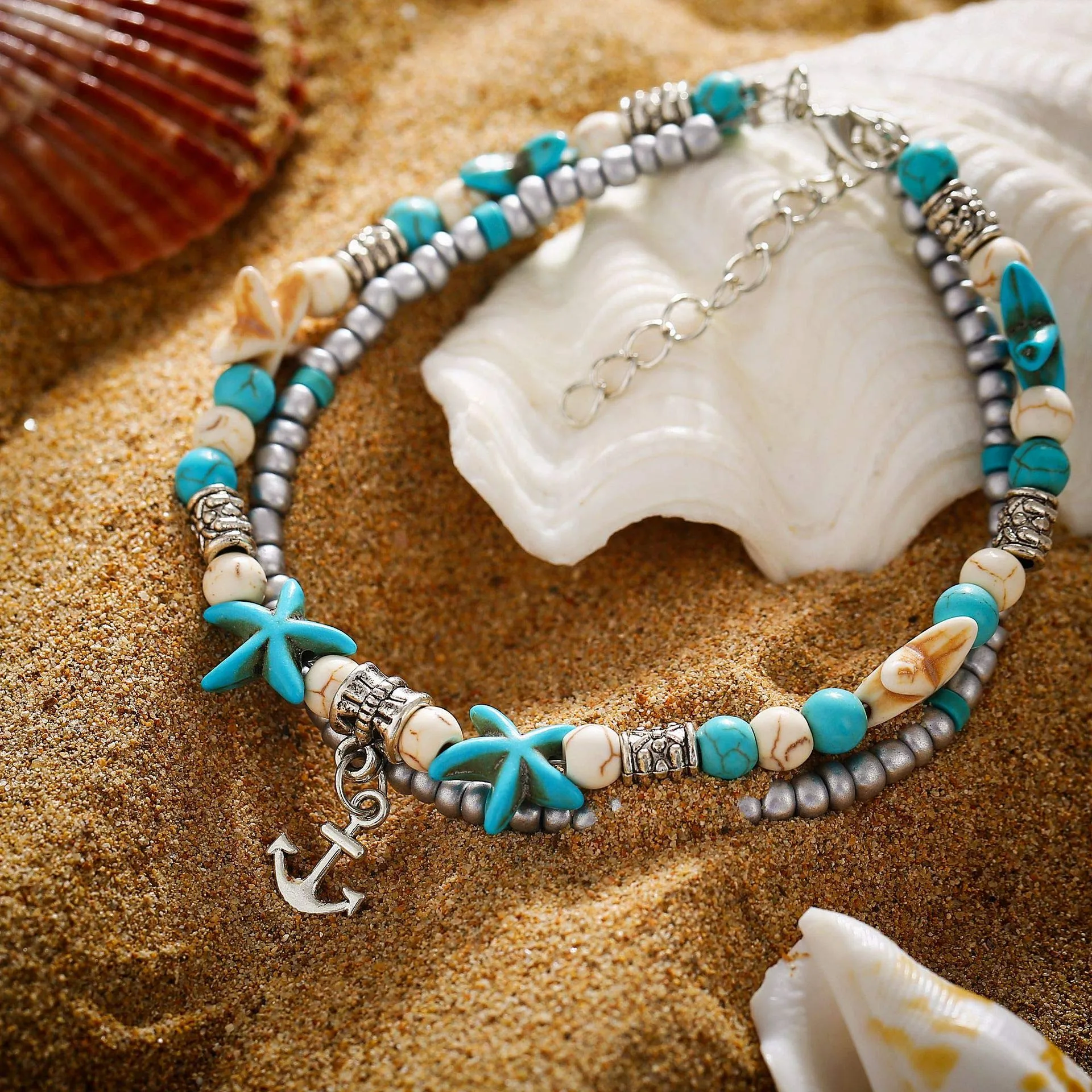 Softones Blue Starfish Turtle Anklet Multilayer Charm Beads Sea Handmade Boho Anklet Foot Jewelry for Women
