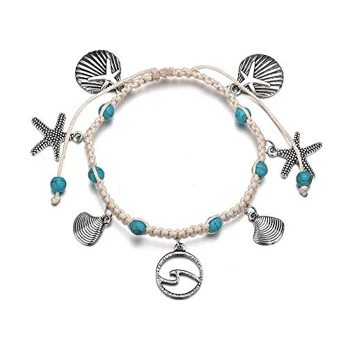Softones Blue Starfish Turtle Anklet Multilayer Charm Beads Sea Handmade Boho Anklet Foot Jewelry for Women