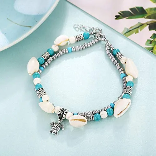 Softones Blue Starfish Turtle Anklet Multilayer Charm Beads Sea Handmade Boho Anklet Foot Jewelry for Women