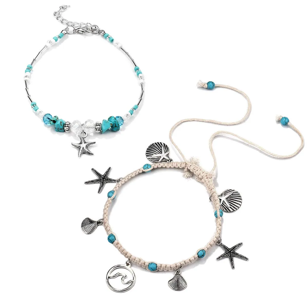 Softones Blue Starfish Turtle Anklet Multilayer Charm Beads Sea Handmade Boho Anklet Foot Jewelry for Women