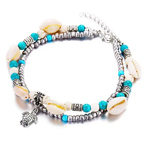Softones Blue Starfish Turtle Anklet Multilayer Charm Beads Sea Handmade Boho Anklet Foot Jewelry for Women