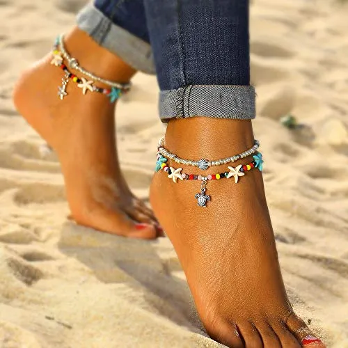 Softones Blue Starfish Turtle Anklet Multilayer Charm Beads Sea Handmade Boho Anklet Foot Jewelry for Women
