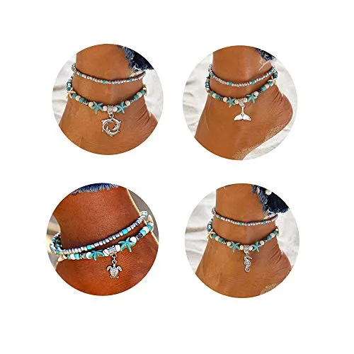 Softones Blue Starfish Turtle Anklet Multilayer Charm Beads Sea Handmade Boho Anklet Foot Jewelry for Women