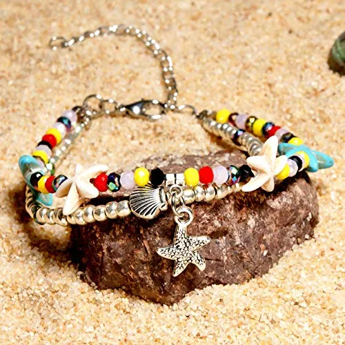 Softones Blue Starfish Turtle Anklet Multilayer Charm Beads Sea Handmade Boho Anklet Foot Jewelry for Women