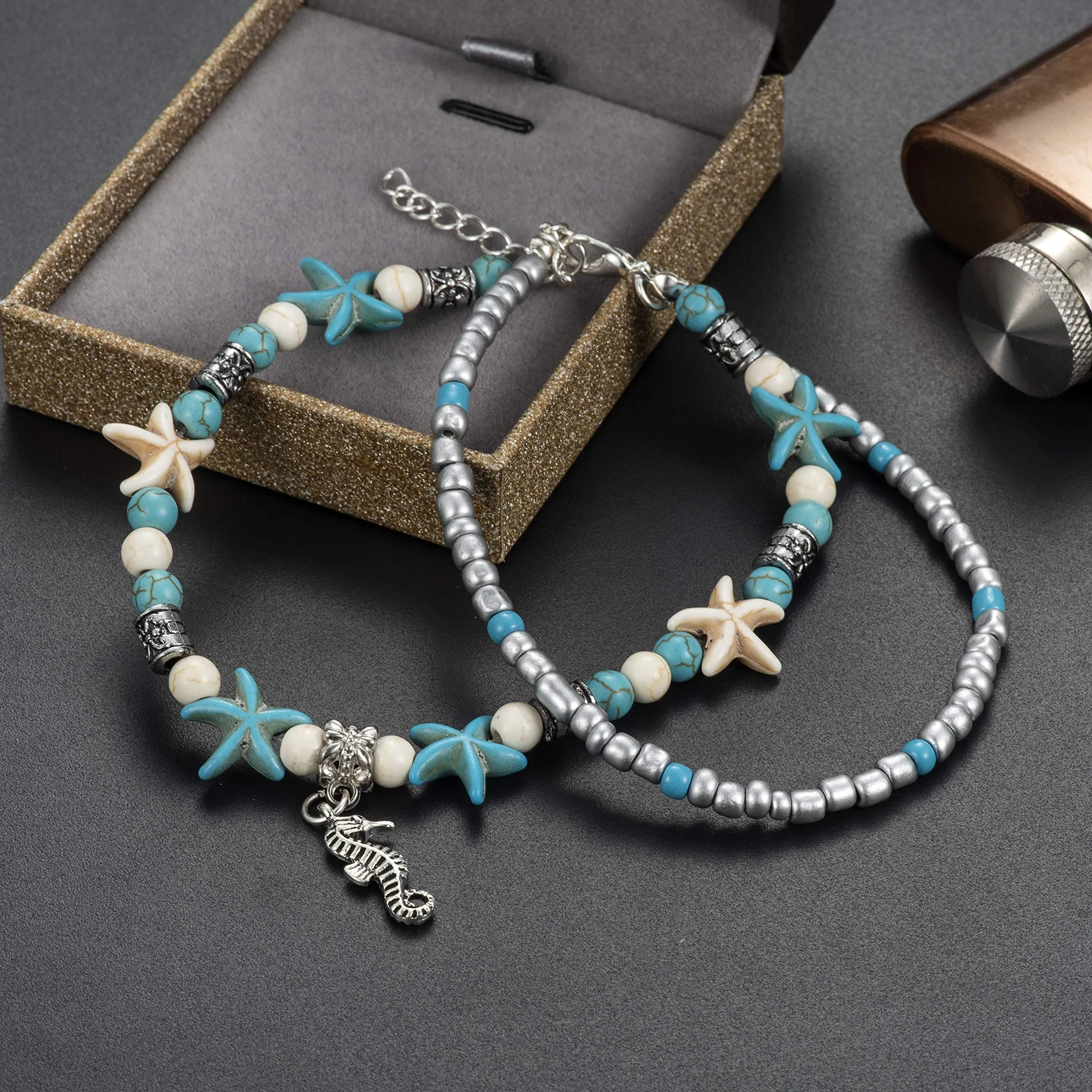 Softones Blue Starfish Turtle Anklet Multilayer Charm Beads Sea Handmade Boho Anklet Foot Jewelry for Women