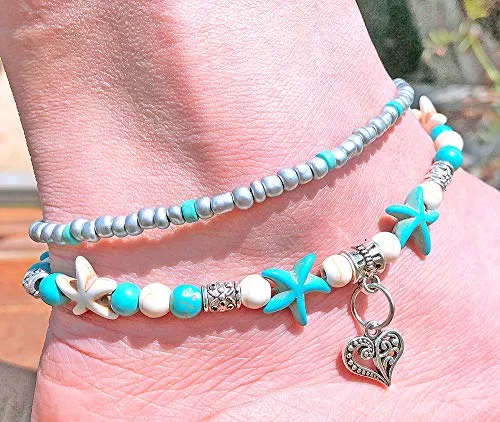 Softones Blue Starfish Turtle Anklet Multilayer Charm Beads Sea Handmade Boho Anklet Foot Jewelry for Women