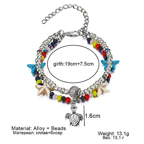 Softones Blue Starfish Turtle Anklet Multilayer Charm Beads Sea Handmade Boho Anklet Foot Jewelry for Women