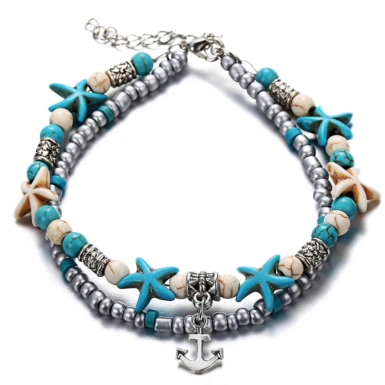 Softones Blue Starfish Turtle Anklet Multilayer Charm Beads Sea Handmade Boho Anklet Foot Jewelry for Women