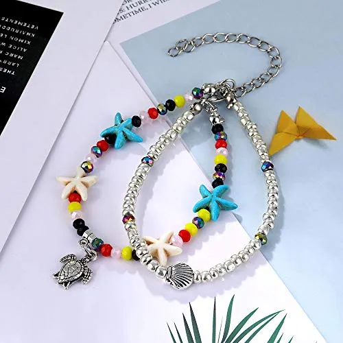 Softones Blue Starfish Turtle Anklet Multilayer Charm Beads Sea Handmade Boho Anklet Foot Jewelry for Women