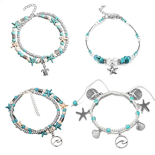 Softones Blue Starfish Turtle Anklet Multilayer Charm Beads Sea Handmade Boho Anklet Foot Jewelry for Women