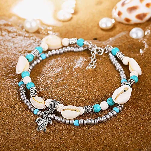 Softones Blue Starfish Turtle Anklet Multilayer Charm Beads Sea Handmade Boho Anklet Foot Jewelry for Women