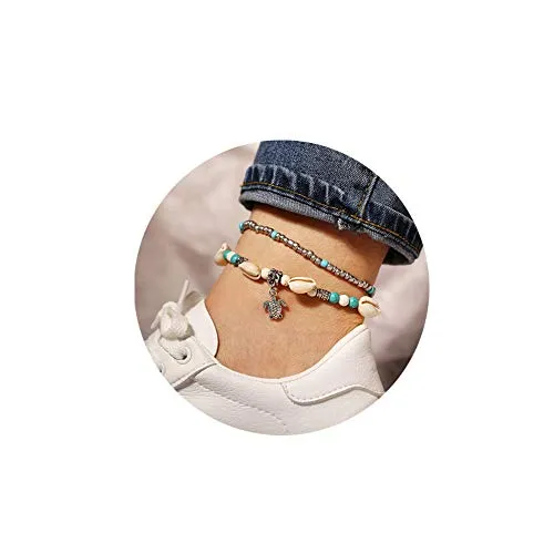 Softones Blue Starfish Turtle Anklet Multilayer Charm Beads Sea Handmade Boho Anklet Foot Jewelry for Women