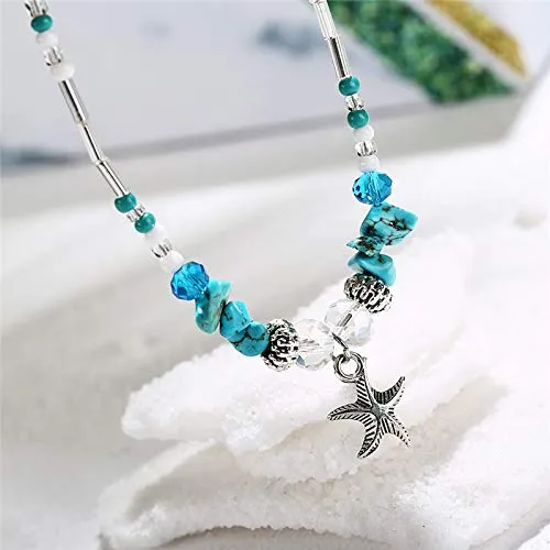 Softones Blue Starfish Turtle Anklet Multilayer Charm Beads Sea Handmade Boho Anklet Foot Jewelry for Women
