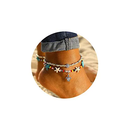 Softones Blue Starfish Turtle Anklet Multilayer Charm Beads Sea Handmade Boho Anklet Foot Jewelry for Women