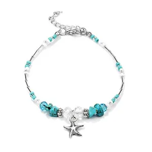 Softones Blue Starfish Turtle Anklet Multilayer Charm Beads Sea Handmade Boho Anklet Foot Jewelry for Women