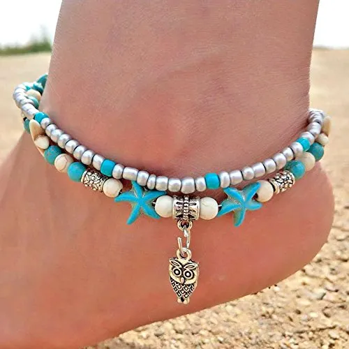 Softones Blue Starfish Turtle Anklet Multilayer Charm Beads Sea Handmade Boho Anklet Foot Jewelry for Women