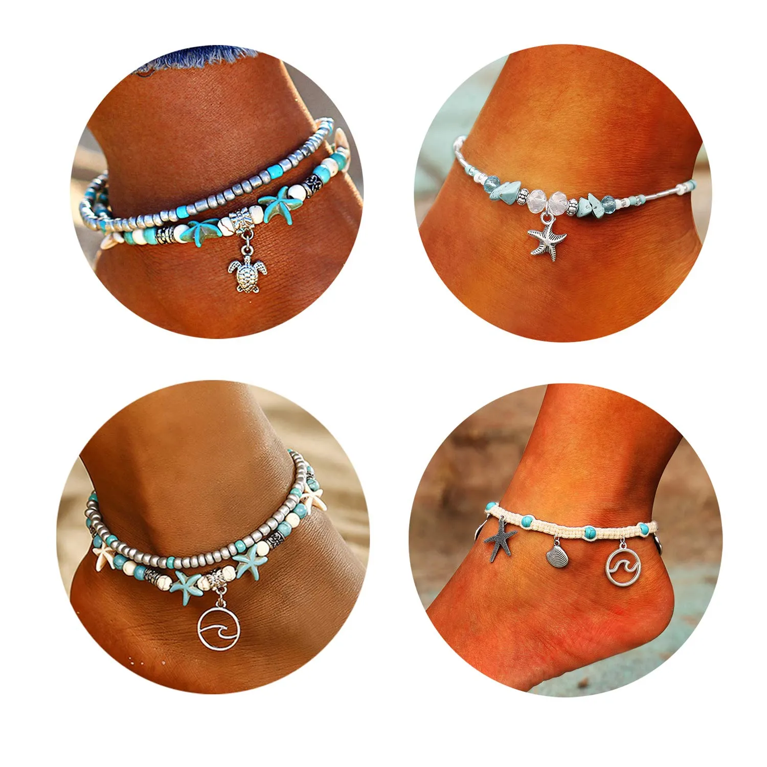Softones Blue Starfish Turtle Anklet Multilayer Charm Beads Sea Handmade Boho Anklet Foot Jewelry for Women