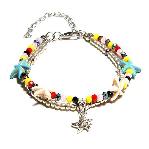 Softones Blue Starfish Turtle Anklet Multilayer Charm Beads Sea Handmade Boho Anklet Foot Jewelry for Women