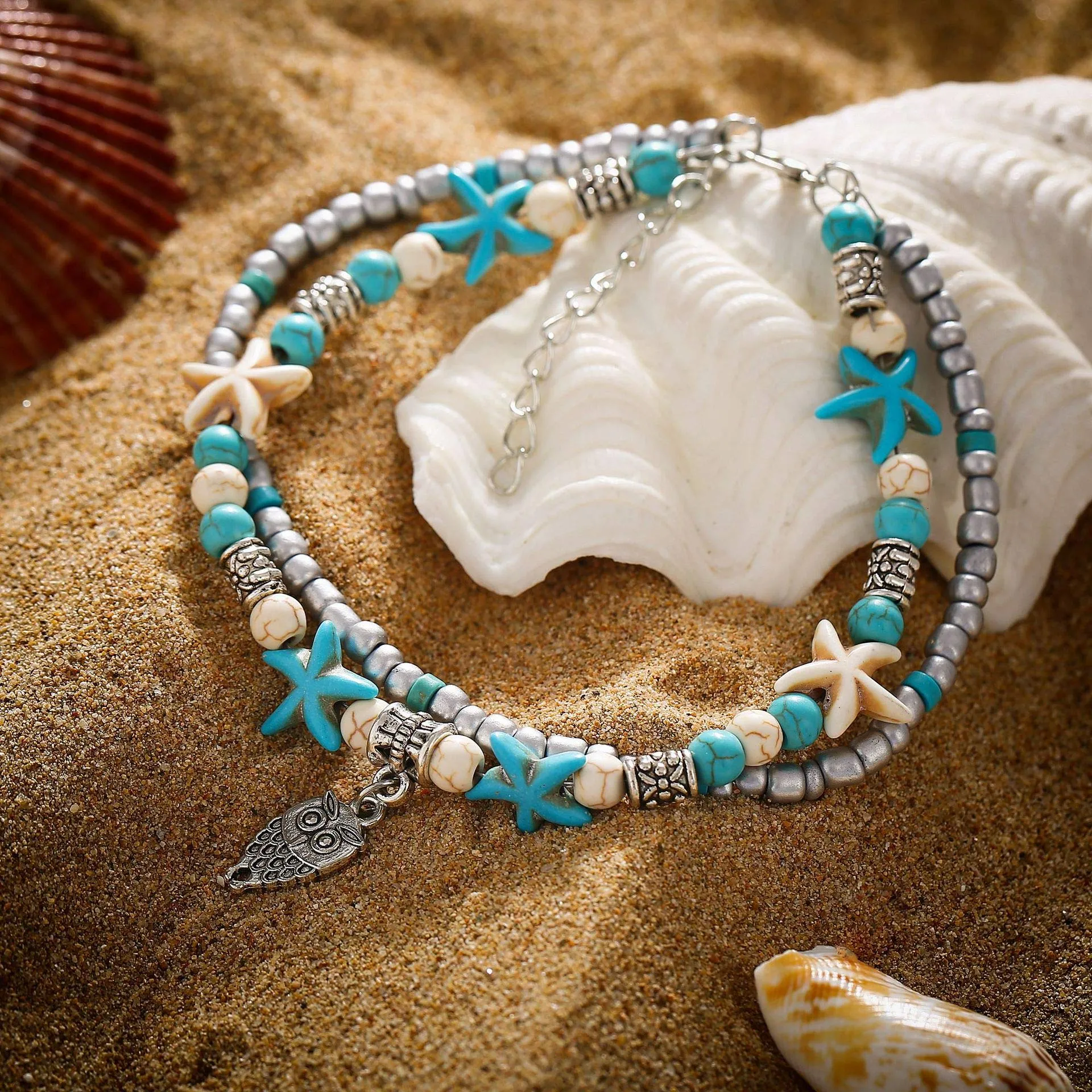 Softones Blue Starfish Turtle Anklet Multilayer Charm Beads Sea Handmade Boho Anklet Foot Jewelry for Women