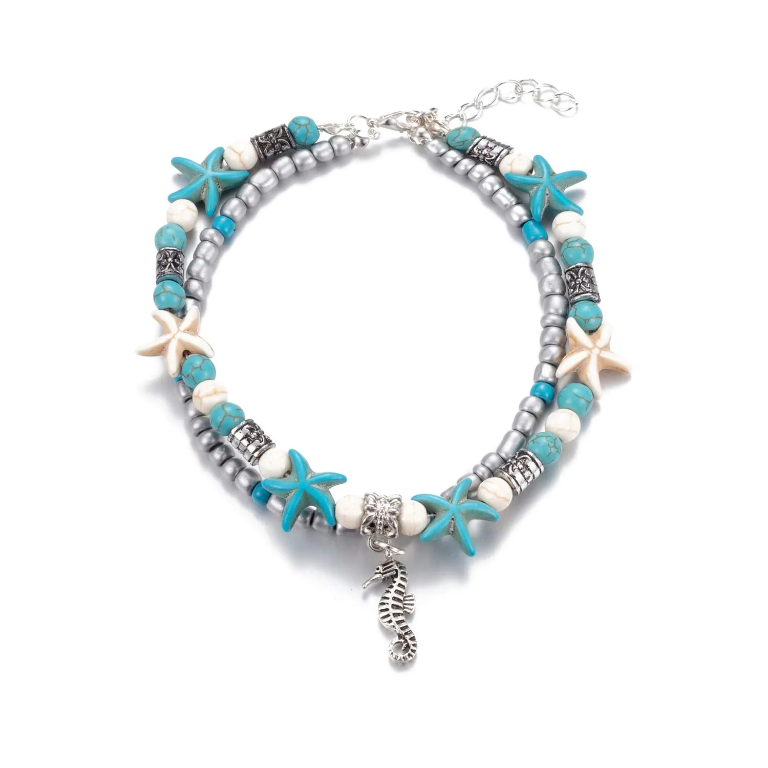 Softones Blue Starfish Turtle Anklet Multilayer Charm Beads Sea Handmade Boho Anklet Foot Jewelry for Women