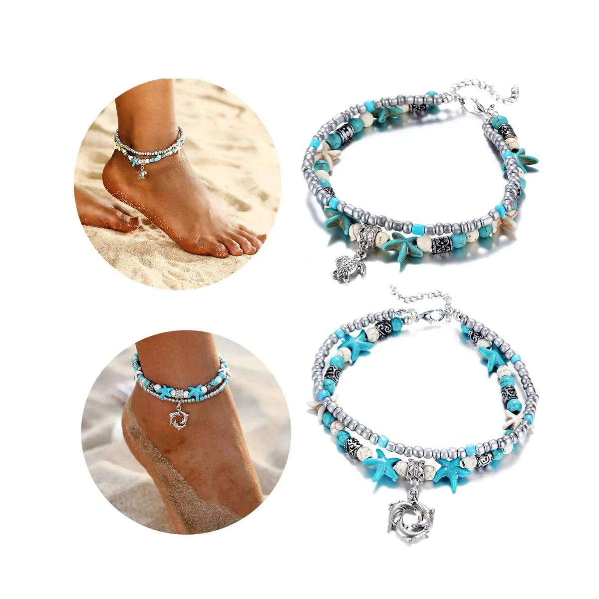 Softones Blue Starfish Turtle Anklet Multilayer Charm Beads Sea Handmade Boho Anklet Foot Jewelry for Women