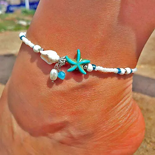 Softones Blue Starfish Turtle Anklet Multilayer Charm Beads Sea Handmade Boho Anklet Foot Jewelry for Women