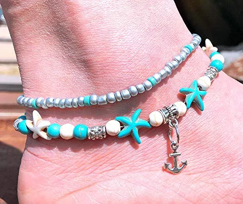 Softones Blue Starfish Turtle Anklet Multilayer Charm Beads Sea Handmade Boho Anklet Foot Jewelry for Women