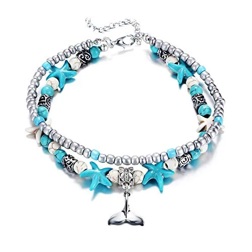 Softones Blue Starfish Turtle Anklet Multilayer Charm Beads Sea Handmade Boho Anklet Foot Jewelry for Women