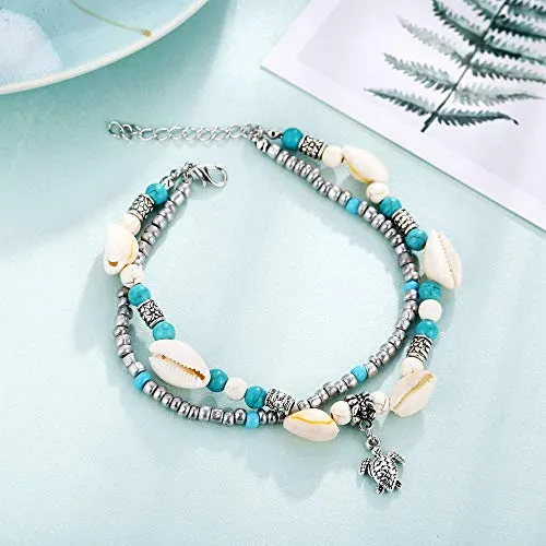 Softones Blue Starfish Turtle Anklet Multilayer Charm Beads Sea Handmade Boho Anklet Foot Jewelry for Women