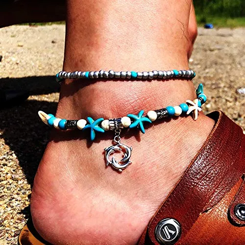 Softones Blue Starfish Turtle Anklet Multilayer Charm Beads Sea Handmade Boho Anklet Foot Jewelry for Women