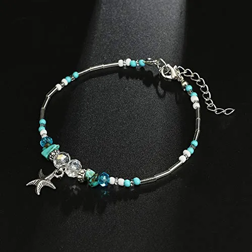Softones Blue Starfish Turtle Anklet Multilayer Charm Beads Sea Handmade Boho Anklet Foot Jewelry for Women