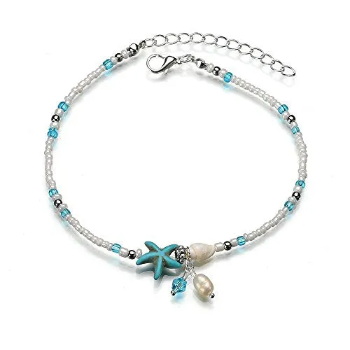 Softones Blue Starfish Turtle Anklet Multilayer Charm Beads Sea Handmade Boho Anklet Foot Jewelry for Women