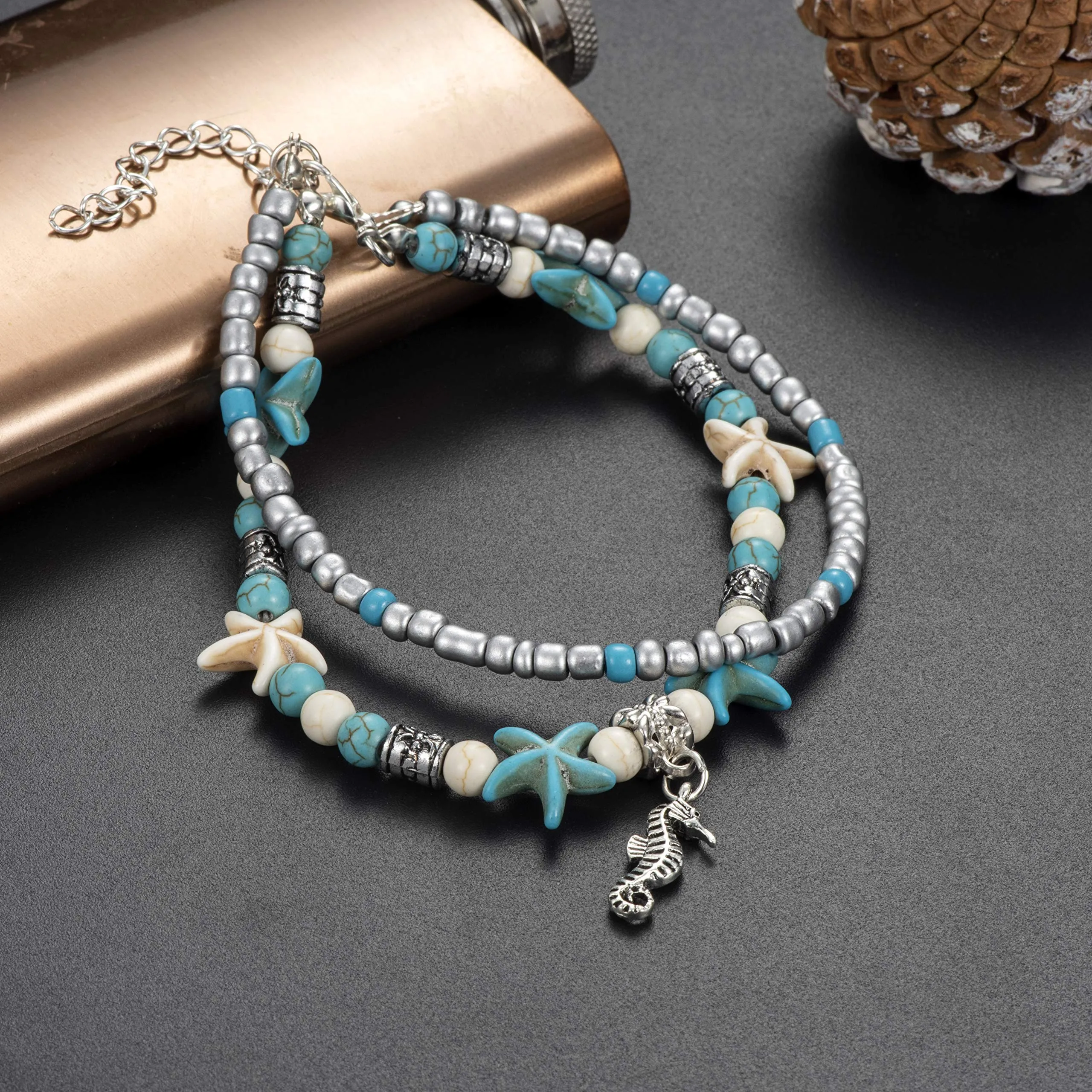 Softones Blue Starfish Turtle Anklet Multilayer Charm Beads Sea Handmade Boho Anklet Foot Jewelry for Women