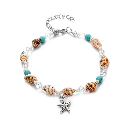 Softones Blue Starfish Turtle Anklet Multilayer Charm Beads Sea Handmade Boho Anklet Foot Jewelry for Women