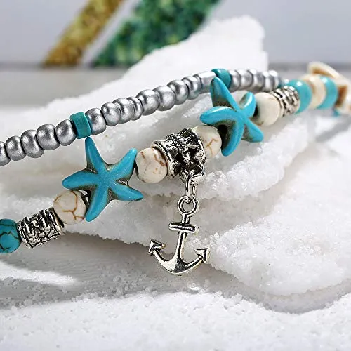 Softones Blue Starfish Turtle Anklet Multilayer Charm Beads Sea Handmade Boho Anklet Foot Jewelry for Women